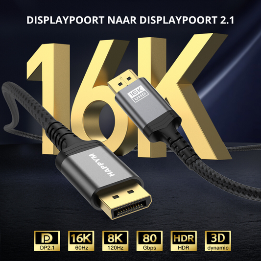 Happym Displayport 2.1 Kabel – Ultra High Speed 16K60Hz voor Haarscherpe Beeldkwaliteit - 1 Meter - 8k 120hz - 4k 240hz