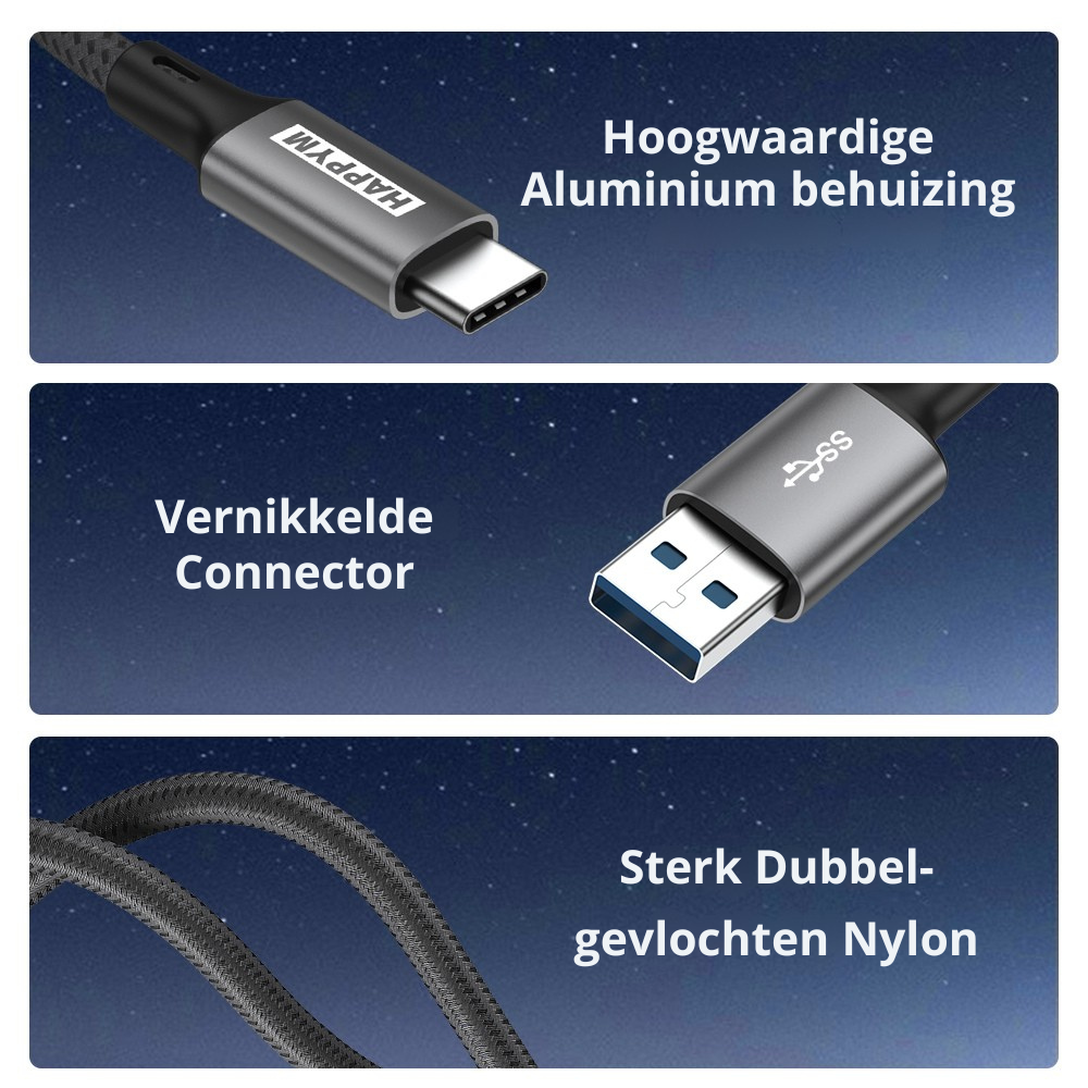 Happym USB-C naar USB 3.0 Kabel 2M - 5Gbps Dataoverdracht - 100W Opladen - Nylon Gevlochten voor Laptop en Tablet