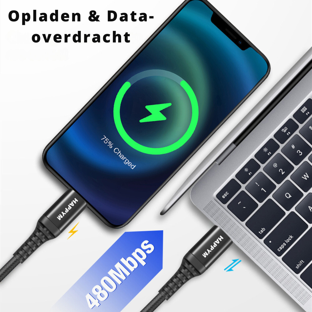 Lightning naar USB-C Kabel Datakabel en Oplaadkabel – Zwart – 3 Meter