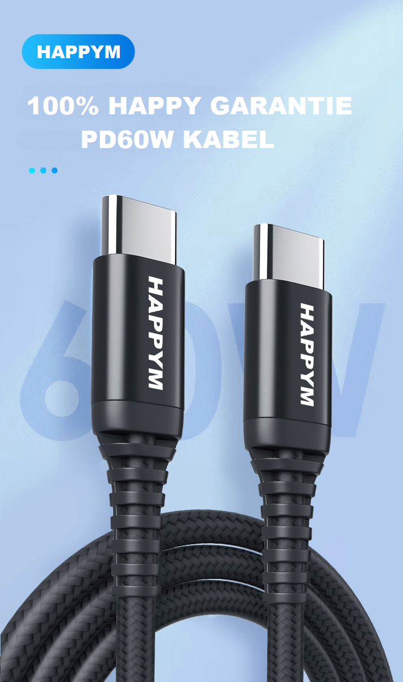 USB-C naar USB-C datakabel en oplaadkabel 1M Zwart Nylon Gevlochten