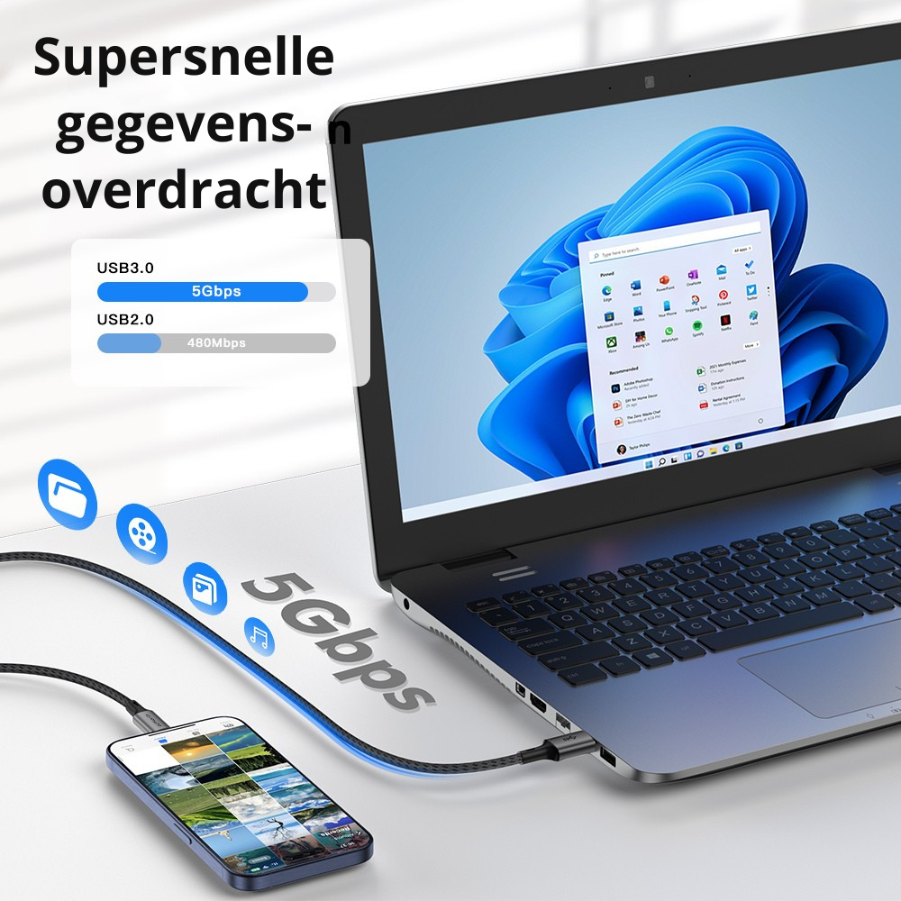Happym USB-C naar USB 3.0 Kabel 2M - 5Gbps Dataoverdracht - 100W Opladen - Nylon Gevlochten voor Laptop en Tablet