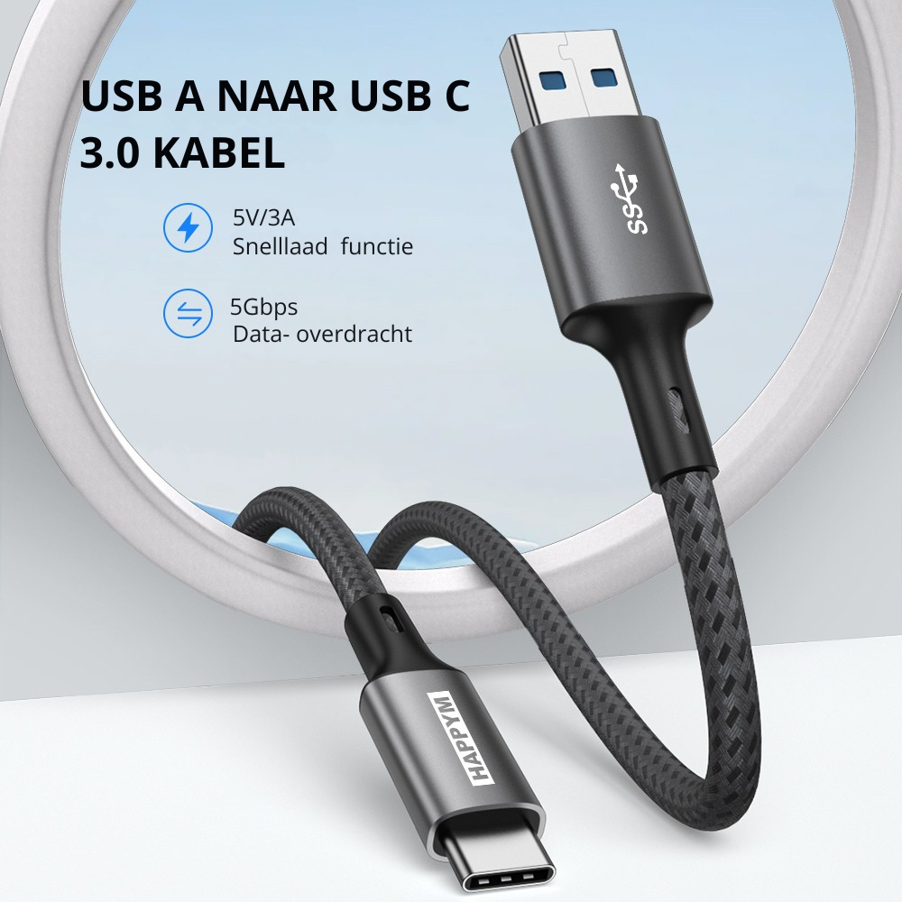 Happym USB-C naar USB 3.0 Kabel 2M - 5Gbps Dataoverdracht - 100W Opladen - Nylon Gevlochten voor Laptop en Tablet
