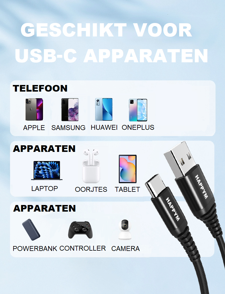 USB C kabel - voor Samsung - EXTRA LANG 5M - USB-C naar USB oplaadkabel - datakabel - zwart