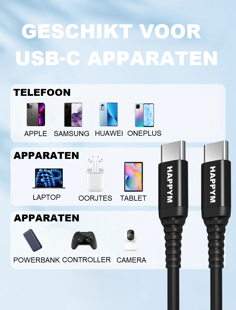 USB-C naar USB-C datakabel en oplaadkabel 2M Zwart Nylon Gevlochten