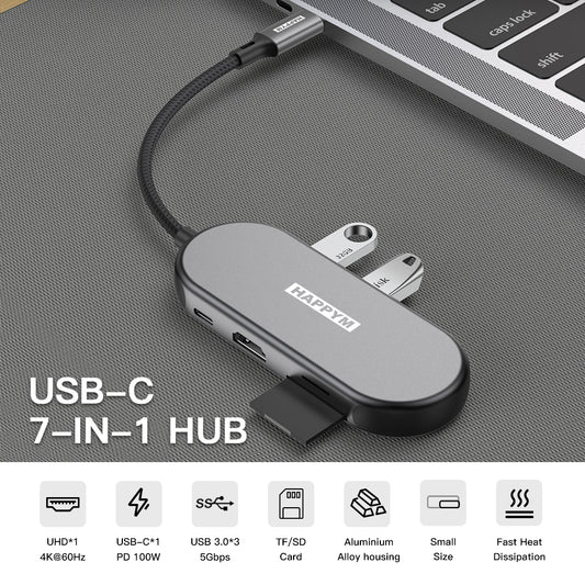 USB-C Hub 7-in-1 Multifunction Docking Station - 4K HDMI 60Hz, PD 100W, 3x USB 3.0, SD/TF Kaartlezer - Universeel voor MacBook, iPad, Windows Laptop