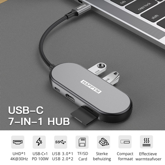 USB-C Hub 7-in-1 Multifunction Docking Station - 4K HDMI 30Hz, PD 100W, USB 3.0 & 2.0, SD/TF Kaartlezer - Universeel voor MacBook, iPad, Windows Laptop