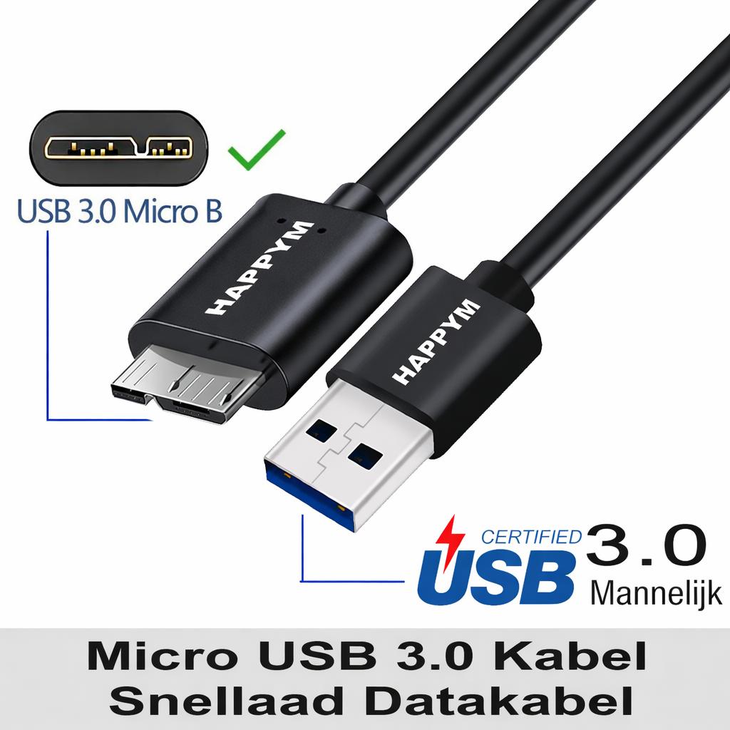 Duurzame zwarte USB 3.0 Micro-B kabel 2 meter Happym