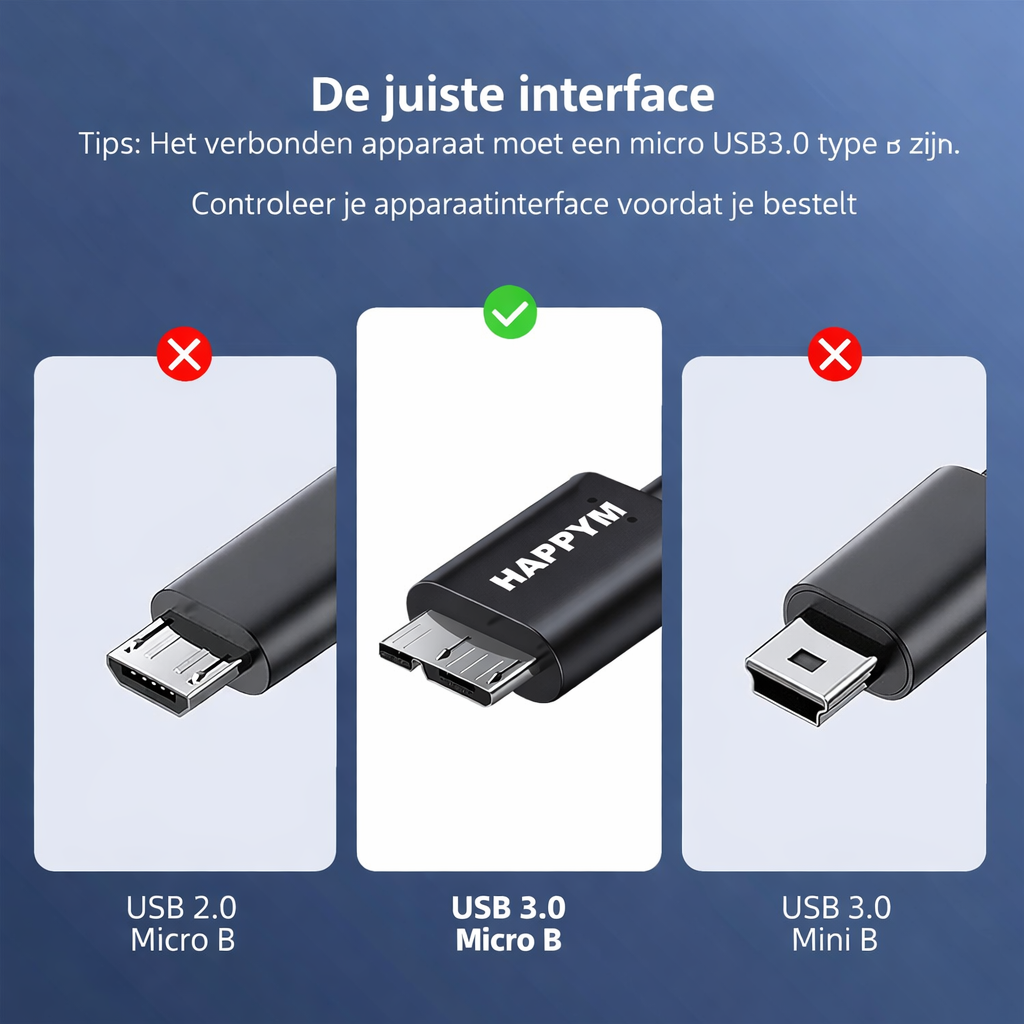 Micro USB 3.0 kabel aangesloten op externe harde schijf