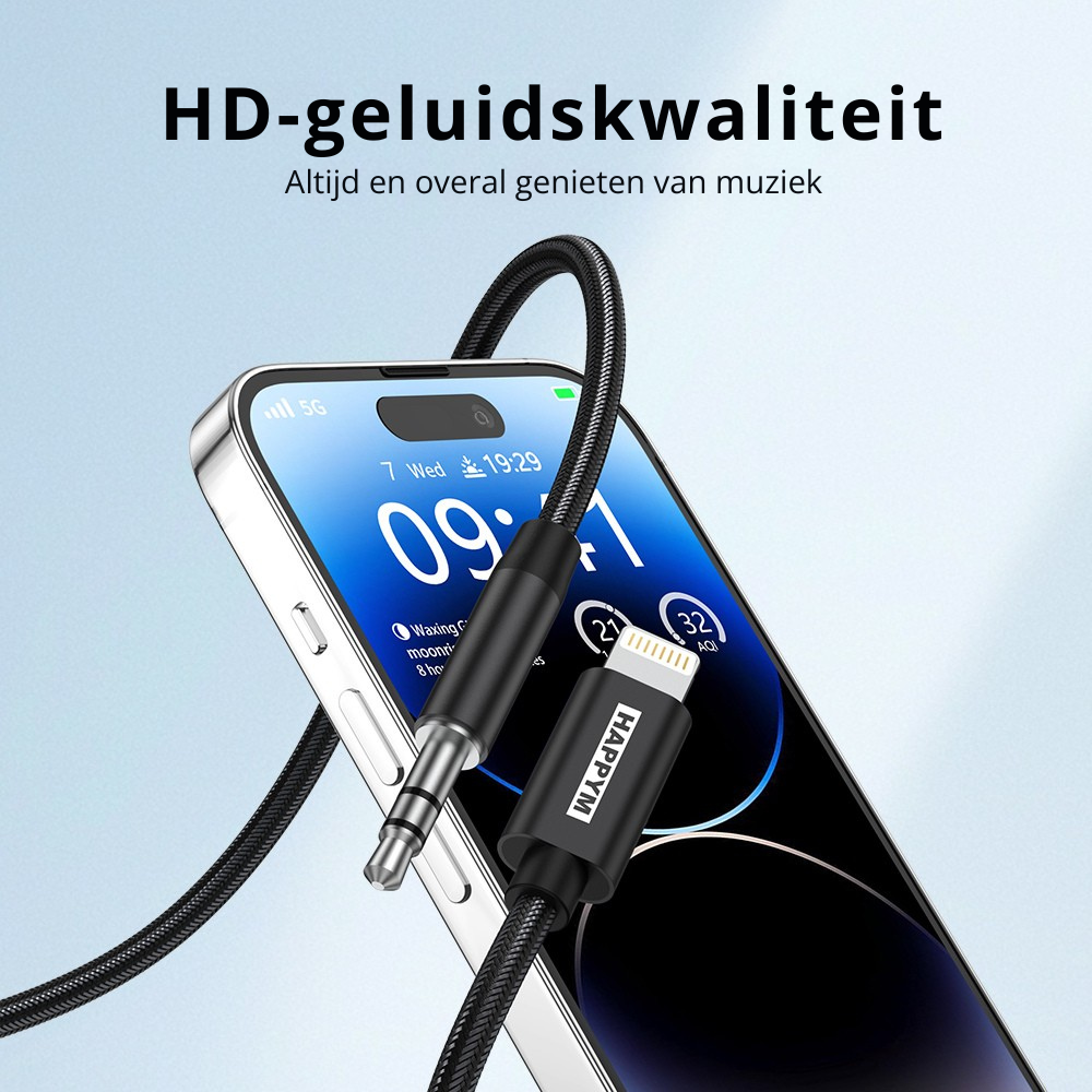 Lightning naar AUX kabel stereo audio overzicht