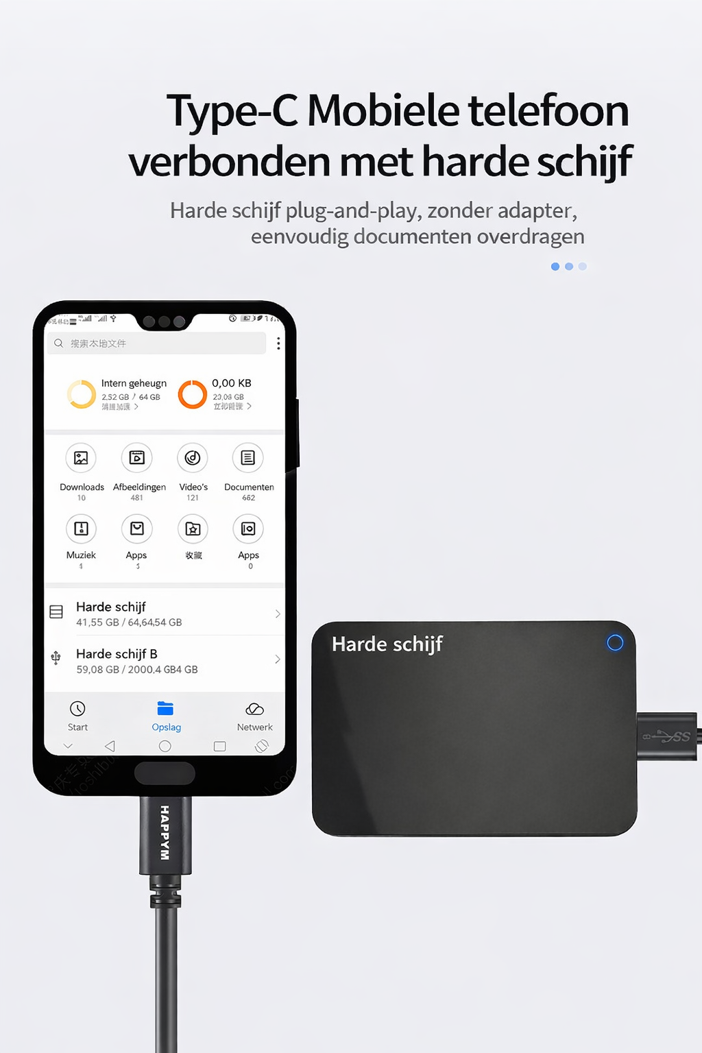 Happym USB-B 3.0 naar USB-C datakabel voor HDD