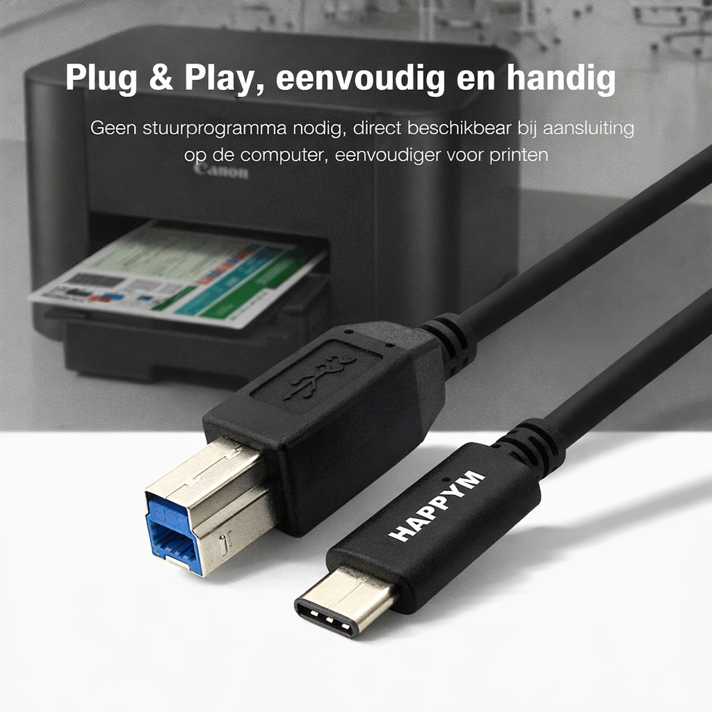 Happym USB-C naar printer USB-B 3.0 aansluiting