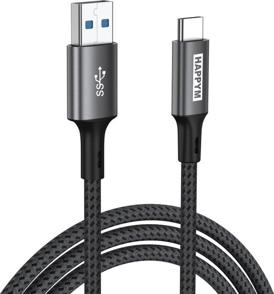HappyM USB-C naar USB-A 3.0 kabel 5Gbps 100W grijs nylon gevlochten