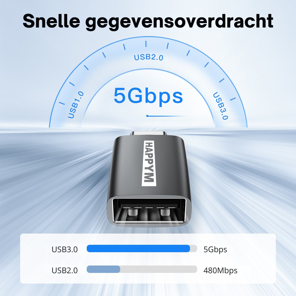 Happym USB-C naar USB-A adapter duurzaam aluminium ontwerp