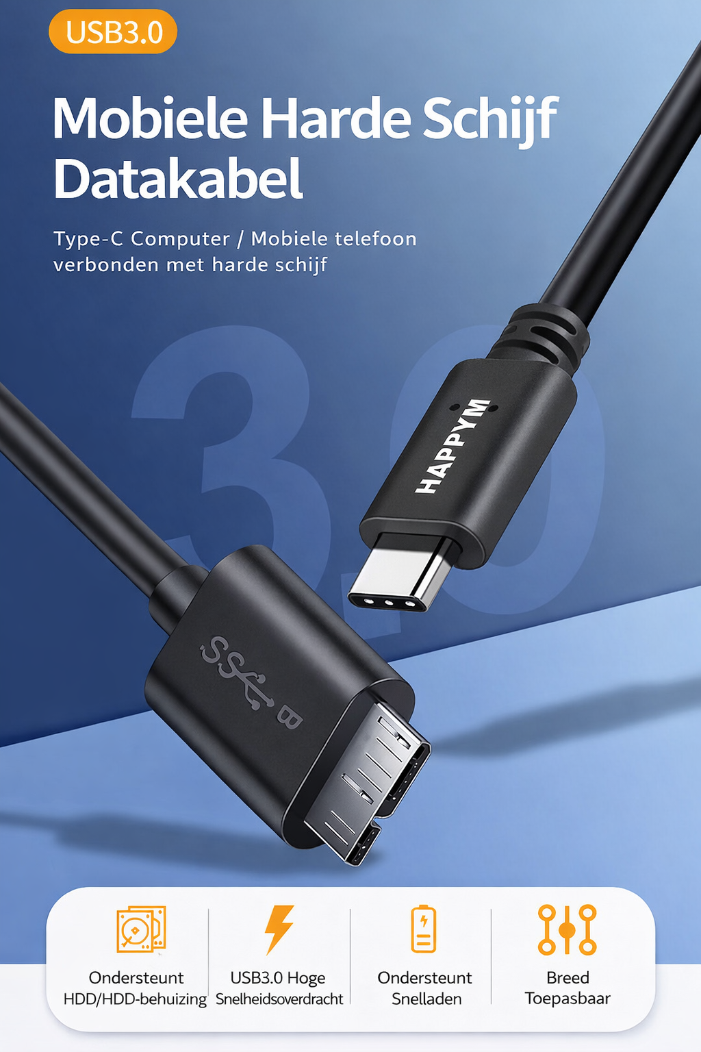 Happym USB-C naar USB-B 3.0 kabel voor externe opslag
