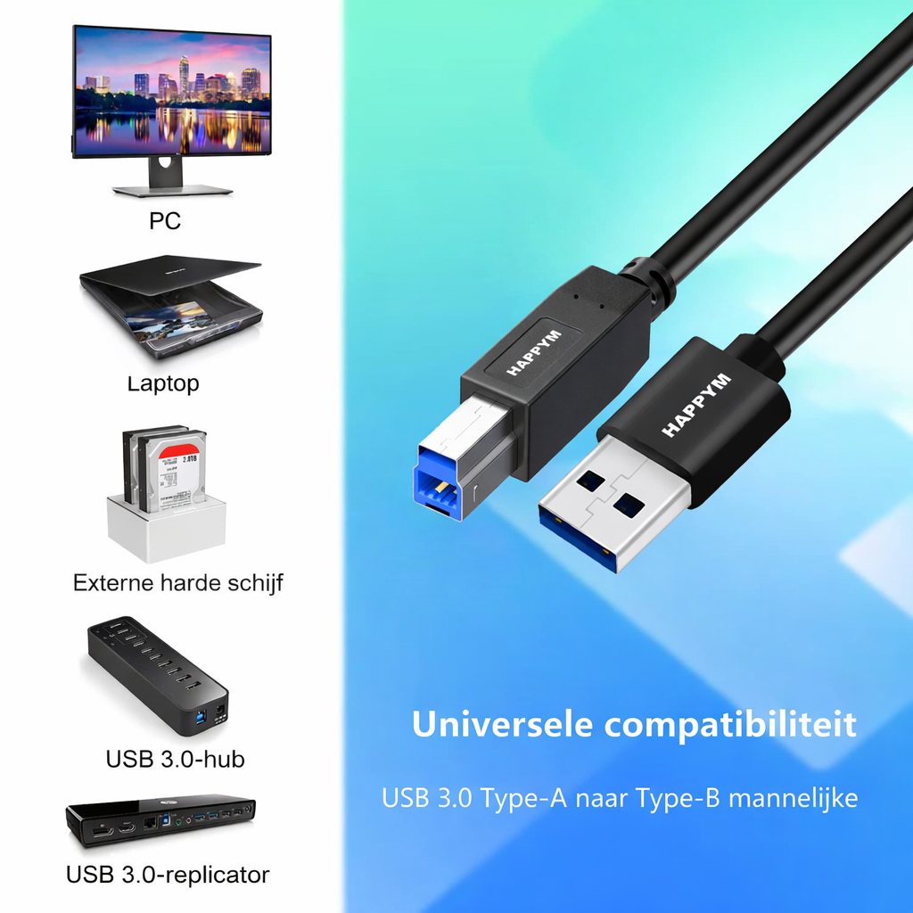 Happym USB-A naar USB-B kabel duurzame kwaliteit